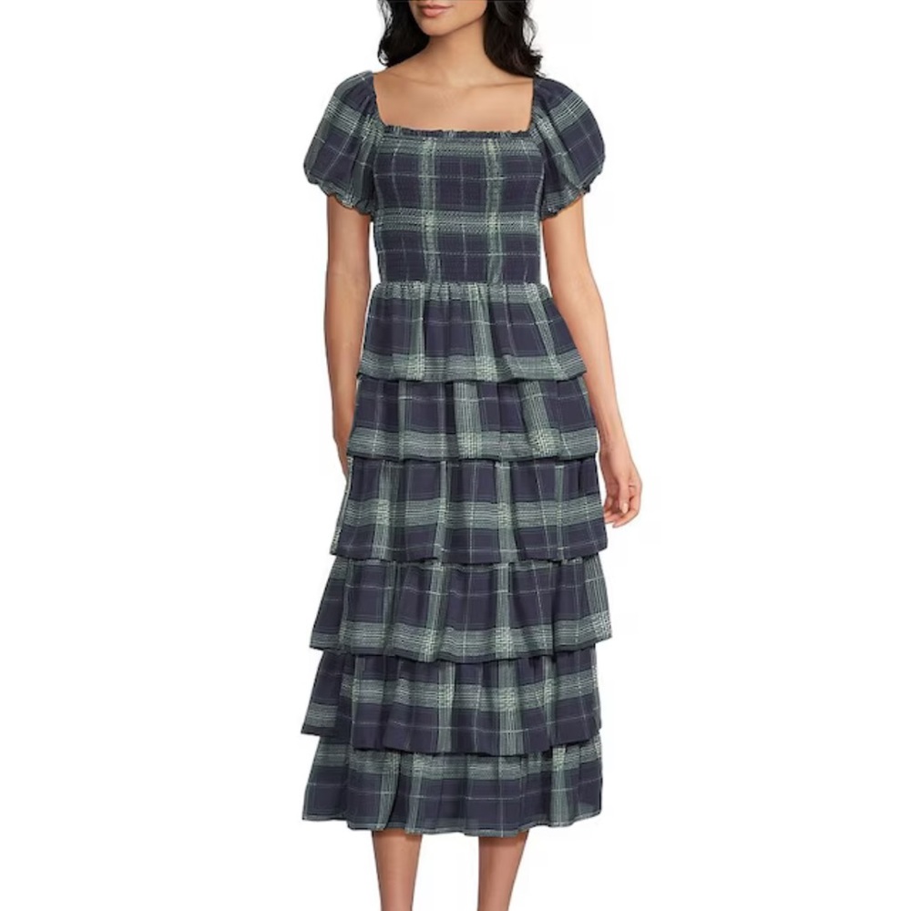 Crystal Doll Black and Green Plaid Midi Dress